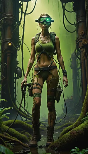 Post-apocalyptic forest, Woman in scrapped hydraulic exoskeleton forging through mutated jungle, rusted armature with frayed cables, moss growing on joints, cracked HUD visor, Bioluminescent fungi on decaying skyscrapers, carnivorous vines snaking across reactor ruins, Prying irradiated roots from leg pistons, steam venting from backpack cooler, Acid rain cutting through canopy, green glow from toxic pools, Simon Stålenhag meets Metro 2033, photorealistic 8K