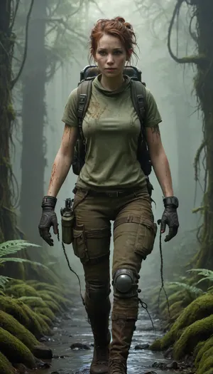 Post-apocalyptic forest, beautiful woman in scrapped hydraulic exoskeleton walking through mutated jungle, rusted armature with frayed cables, moss growing on trees, bioluminescent fungi on decaying skyscrapers, carnivorous vines snaking across ruins, steam venting from backpack cooler, acid rain cutting through canopy, green glow from toxic pools, Simon Stålenhag meets Metro 2033, photorealistic 8K