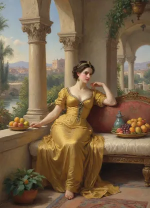 Masterpiece, oil painting, 19th century Orientalism style, (Queen Amytis of baбylon reclining on a luxurious divan, terrace of the Hanging Gardens:1.1), holding a bunch of ripe grapes in her hand, gazing thoughtfully into the distance, wearing a fine silk dress and gold jewelry, (abundance of fruits on a golden platter before her:1.2), pomegranates, figs, dates, and exotic fruits, (lush vegetation surrounding her:1.4), blooming flowers, palm leaves, vines, (complex irrigation system visible:1.3), water flowing from above in channels and small aqueducts, cascading down to lower terraces, mist from the water creating small rainbows, view of the city of Euphrates River in the hazy distance, intricate Schumer architecture, arched alcoves, columns, warm afternoon light, dramatic shadows, rich colors, detailed texture, romanticism, atmospheric, by the style of Edwin Long and Fernand Cormon, impressionist, painting, <lora:EldritchImpressionismXL1.5:.8>
