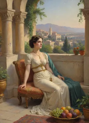 Masterpiece, oil painting, 19th century Orientalism style, (Queen Amytis of baбylon reclining on a luxurious divan, terrace of the Hanging Gardens:1.1), holding a bunch of ripe grapes in her hand, gazing thoughtfully into the distance, wearing a fine silk dress and gold jewelry, (abundance of fruits on a golden platter before her:1.2), pomegranates, figs, dates, and exotic fruits, (lush vegetation surrounding her:1.4), blooming flowers, palm leaves, vines, (complex irrigation system visible:1.3), water flowing from above in channels and small aqueducts, cascading down to lower terraces, mist from the water creating small rainbows, view of the city of Euphrates River in the hazy distance, intricate Schumer architecture, arched alcoves, columns, warm afternoon light, dramatic shadows, rich colors, detailed texture, romanticism, atmospheric, by the style of Edwin Long and Fernand Cormon, impressionist, painting, <lora:EldritchImpressionismXL1.5:.8>