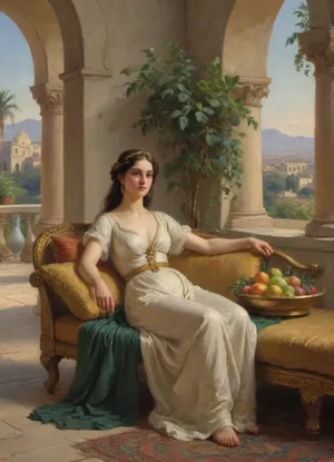 Masterpiece, oil painting, 19th century Orientalism style, (Queen Amytis of baбylon reclining on a luxurious divan, terrace of the Hanging Gardens:1.1), holding a bunch of ripe grapes in her hand, gazing thoughtfully into the distance, wearing a fine silk dress and gold jewelry, (abundance of fruits on a golden platter before her:1.2), pomegranates, figs, dates, and exotic fruits, (lush vegetation surrounding her:1.4), blooming flowers, palm leaves, vines, (complex irrigation system visible:1.3), water flowing from above in channels and small aqueducts, cascading down to lower terraces, mist from the water creating small rainbows, view of the city of Euphrates River in the hazy distance, intricate Schumer architecture, arched alcoves, columns, warm afternoon light, dramatic shadows, rich colors, detailed texture, romanticism, atmospheric, by the style of Edwin Long and Fernand Cormon, impressionist, painting, <lora:EldritchImpressionismXL1.5:.8>
