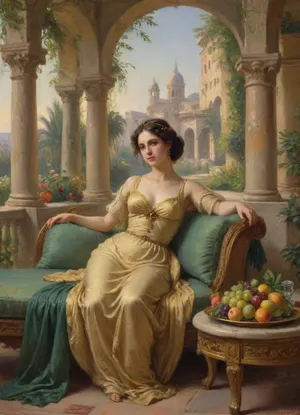 Masterpiece, oil painting, 19th century Orientalism style, (Queen Amytis of baбylon reclining on a luxurious divan, terrace of the Hanging Gardens:1.1), holding a bunch of ripe grapes in her hand, gazing thoughtfully into the distance, wearing a fine silk dress and gold jewelry, (abundance of fruits on a golden platter before her:1.2), pomegranates, figs, dates, and exotic fruits, (lush vegetation surrounding her:1.4), blooming flowers, palm leaves, vines, (complex irrigation system visible:1.3), water flowing from above in channels and small aqueducts, cascading down to lower terraces, mist from the water creating small rainbows, view of the city of Euphrates River in the hazy distance, intricate Schumer architecture, arched alcoves, columns, warm afternoon light, dramatic shadows, rich colors, detailed texture, romanticism, atmospheric, by the style of Edwin Long and Fernand Cormon, impressionist, painting, <lora:EldritchImpressionismXL1.5:.8>