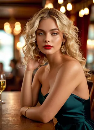 (masterpiece, best quality, highres, photorealistic, cinematic lighting), 1woman, 24 y.o., named Selena Moore, unique character, height 172cm, slim but curvy hourglass figure, smooth pale skin with natural glow, long silky platinum blonde hair styled in soft waves, deep blue almond-shaped eyes with sharp irises, long curled eyelashes, arched thin eyebrows, small straight nose, high cheekbones, full glossy lips with red lipstick, perfect symmetrical face, confident elegant expression, wearing luxurious evening dress with deep neckline and high slit revealing long toned legs, dress made of shimmering red silk, tight waist accentuating wide hips and large natural round breasts, delicate jewelry including diamond earrings and thin bracelet, manicured nails, seated gracefully at a restaurant table, soft posture with straight back and legs crossed, restaurant interior with candlelit table, wine glass, polished wooden furniture, ambient golden light, blurred background of other tables and guests, cinematic perspective, ultra-detailed textures, hdr, sharp focus, 8k, <lora:MJ52:1.2>, <lora:SDXLHighDetail_v6-000005:1.4>, <lora:Microwaist_XL_v01:1.2>
