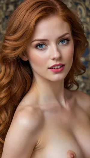 official art, Hasselblad camera image, Irish facial features, pretty young face, 20 year old female playboy model, Arny Freytag photography style, unity 8k wallpaper, over-detailed, beautiful and aesthetic, masterpiece, best quality, perfect white balance, amazing lighting, (zentangle, mandala, tangle, entanglement), (fractal art:1.3), 1 woman, extremely detailed, dynamic perspective, the most beautiful form of chaos, elegant, brutalist design, bright colors, romanticism, atmospheric, (detailed smooth skin), (lean abs:1.2), (amber glow:1.2), (red-haired, (red curls:1):1.4), (amber curls:1.3), (huge round breasts:.8), perfect face, realistic, huge natural breasts, perfect tits, perfect body, beautiful, glamorous pronounced feminine facial features, perfect ass, healthy skin tone, fair skin, perfect teeth, perfect eyes, matching eyes, detailed eyes, very detailed iris, long eyelashes, big realistic lips, full lips, sweet smile, perfect mouth, perfect number of white teeth, detailed face, ((cute tall tall tall face)), symmetrical face, pleasure face, pleasure emotion, detailed hairstyle, healthy hair, bright hair, very long hair, perfect lively eyes, flawless tongue, bright eyes penetrating gaze, (with a face like Faye Reagan)