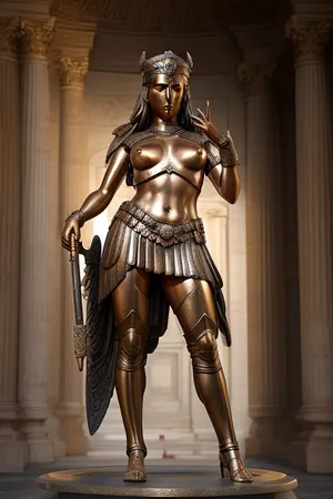 bronze statue, goddess of war Athena, full body visible, bare breasts