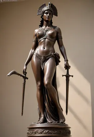 bronze statue, goddess of war Athena, full body visible, bare breasts