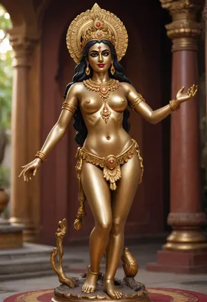 gold statue, goddess Kali, full body visible, bare breasts