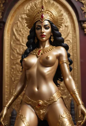 gold statue, Goddess Kali having sex in a cowgirl position, full body visible, bare breasts