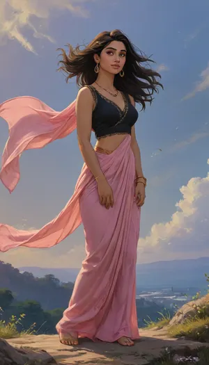 A romantic hand-drawn illustration of an Indian couple on a hilltop, inspired by the cinematic style of the anime Your Name. Portrait composition, showing the couple from a slight distance with more of the surrounding hilltop and vast twilight sky in frame. Detailed sketch style with soft muted colors, expressive pencil and watercolor textures, fine line art, and intricate shading., (Female), A slightly, ((curvy and chubby woman:1.4)), elegant and graceful, wearing a flowing, ((pink saree drape:1.4)), with a, ((white v-neck blouse:1.3)), styled traditionally so her, ((midriff and navel are visible:1.3)), and the blouse naturally shows a hint of, ((cleavage:1.3)), . She wears bangles, earrings, and necklace. Her long hair, ((whipped in strong heavy wind:1.7)), and her saree fabric, ((flying dramatically in the air:1.8)), lifted high and swirling across the scene, but not covering the male character., (Male), A fit, lean, ((muscular man:1.6)), (wearing a fully visible black kurta:1.5), standing slightly sideways facing the female. His kurta is unaffected by the wind, hanging naturally, fully visible, and showing his fit form. He looks tenderly at her, clearly visible from head to toe, equally prominent as the female.

They stand close together, holding hands, facing each other in an intimate, emotional moment. Low-angle perspective, expansive twilight sky glowing behind them, streaks of orange, pink, and purple blending into deep blue, with stars faintly visible in the background. Cinematic and atmospheric composition, romantic, poetic, artistic, gufeng influence, ink and wash textures, Saree, Indian, ac_neg1, Influencer, Model, <lora:transparent-saree:.6>, <lora:sdxl_vae:.8>, <lora:J_cartoon:.8>, <lora:zavy-ctflt-sdxl:.8>