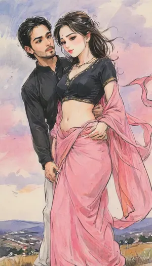 A romantic hand-drawn illustration of an Indian couple on a hilltop, inspired by the cinematic style of the anime Your Name. Portrait composition, showing the couple from a slight distance with more of the surrounding hilltop and vast twilight sky in frame. Detailed sketch style with soft muted colors, expressive pencil and watercolor textures, fine line art, and intricate shading., (Female), A slightly, ((curvy and chubby woman:1.4)), elegant and graceful, wearing a flowing, ((pink saree drape:1.4)), with a, ((white v-neck blouse:1.3)), styled traditionally so her, ((midriff and navel are visible:1.3)), and the blouse naturally shows a hint of, ((cleavage:1.3)), . She wears bangles, earrings, and necklace. Her long hair, ((whipped in strong heavy wind:1.7)), and her saree fabric, ((flying dramatically in the air:1.8)), lifted high and swirling across the scene, but not covering the male character., (Male), A fit, lean, ((muscular man:1.6)), (wearing a fully visible black kurta:1.5), standing slightly sideways facing the female. His kurta is unaffected by the wind, hanging naturally, fully visible, and showing his fit form. He looks tenderly at her, clearly visible from head to toe, equally prominent as the female.

They stand close together, holding hands, facing each other in an intimate, emotional moment. Low-angle perspective, expansive twilight sky glowing behind them, streaks of orange, pink, and purple blending into deep blue, with stars faintly visible in the background. Cinematic and atmospheric composition, romantic, poetic, artistic, gufeng influence, ink and wash textures, Saree, Indian, ac_neg1, <lora:transparent-saree:.8>, <lora:XLSarees1:.8>, <lora:gufeng_ink_wash_xl_v2:.8>, <lora:Eldritch_SketchDraw:.8>