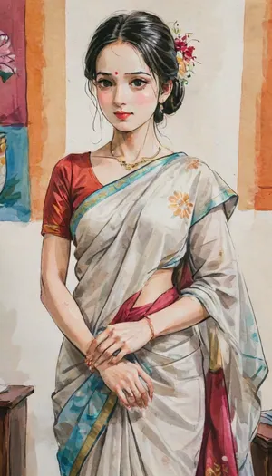 bridal, saree, painting, gufeng, hand-drawn, style, ink, wash, <lora:bridal_saree:2>, <lora:xl_shuimo-000012:.6>, <lora:gufeng_ink_wash_xl_v2:.6>
