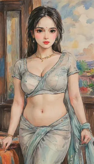 stunningly beautiful, perfect face, ((ohwx woman)), V-cut Blouse, large breast, large cleavage, hourglass body shape, navel visible, navel piercing, pony tile, wearing transparent Indian Saree, intricate details, ultra-realistic, high saturation, cinematic light, 35mm raw photo, nsfw, bridal, saree, painting, gufeng, hand-drawn, style, ink, wash, <lora:XLSarees1:.6>, <lora:bridal_saree:.6>, <lora:xl_shuimo-000012:.6>, <lora:gufeng_ink_wash_xl_v2:.6>, <lora:Eldritch_SketchDraw:.6>