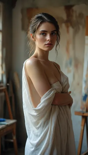 beautiful model, posing before a painter, hanging one arm, painter before her, painting her, in painter's workshop, dressed with a sheet, showing one nipple, raw, fluxenh4nce, <lora:Realism_Lora_By_Stable_yogi_SDXL8.1:.8>, <lora:FLUXEnh4nce:.8>, <lora:Complicated Photorealistic Mimic - XL SDXL v1.0:.8>, <lora:MJ52:.8>