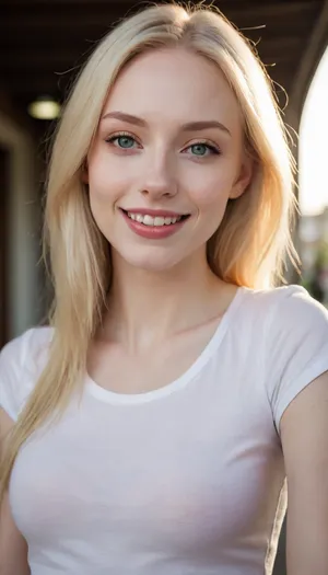 Breathtaking selfie. A Scandinavian woman, long wild blonde hair, sharp face, high cheekbones, (pale skin:1.5), small breasts, (thin:1.5), (skinny:1.5), wearing a t-shirt. Award-winning, professional, highly detailed, smiling young woman, photo of young woman, smiling into the camera.