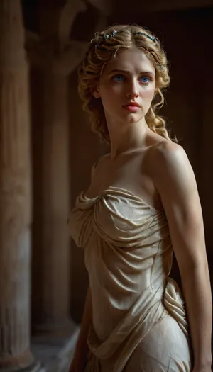 Greek goddess statue, blue eyes, hanging an arm, marble statues around her, marble skin, in greek temple, wearing a sheet, (showing one nipple), statue, sculpture, <lora:Realism_Lora_By_Stable_yogi_SDXL8.1:.8>, <lora:FLUXEnh4nce:.8>, <lora:MJ52:.8>, <lora:statue-000009:2>, cstatuesdxl, <lora:cstatuesdxl:.8>