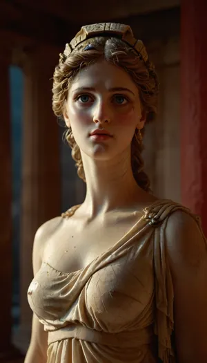 Greek goddess statue, Athena, marble, blue eyes, marble statues around her, marble skin, (without arms), stone skin, red columns, in greek temple, wearing a sheet, (showing one nipple), statue, sculpture, cstatuesdxl, <lora:Realism_Lora_By_Stable_yogi_SDXL8.1:.8>, <lora:FLUXEnh4nce:.8>, <lora:MJ52:.8>, <lora:statue-000009:2>, <lora:cstatuesdxl:2>