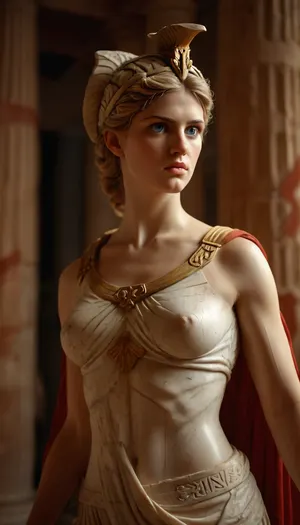 Greek goddess statue, staue of Athena, marble, blue eyes, marble statues around her, marble skin, (without arms), spear, shield, stone skin, red columns, in greek temple, wearing a sheet, (showing one nipple), cstatuesdxl, <lora:Realism_Lora_By_Stable_yogi_SDXL8.1:.8>, <lora:MJ52:.8>, <lora:cstatuesdxl:2>, <lora:580159_training_data:.8>
