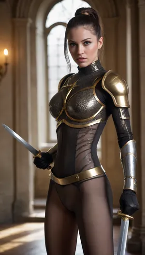 ((30yo brunette)), sword same hight knight, see through bodysuite, ponytail, x, hair, ornament, armor, shoulder, bodysuit, black, gloves, Darkness, full body focus? huge brests, white plastic armor with gold ornament, <lora:konosuba_darkness_xl-000005:.5>, <lora:Darkness10:.5>