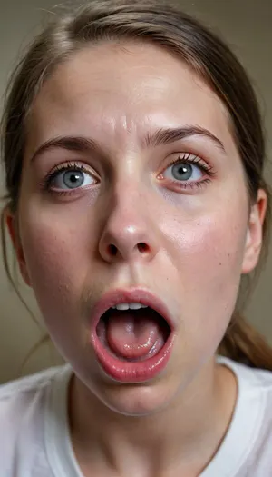 from the point of view of the viewer, frightened look, sperm on the face, 18 girl, mouth full of sperm