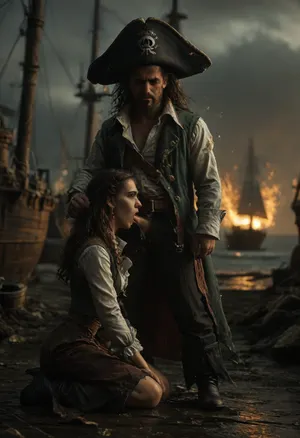 1girl, 1man, beautiful flat-chested, (Diana from warcraft), kneeling in front of huge old impressive male pirate captain with an unkempt beard and pirate sabers, (sensual oral sex:1.5), (Diana is an incredibly beautiful woman with a slim and athletic build), perfect face, (she wears somewhat revealing clothes, consisting of a white blouse with seperate long sleeves, with a dark green vest that reveals her abdomen, black bell-bottom pants, black high-heeled boots and wears a black pirate hat on her head), (in front of an old harbor bar in a dark alley), (exploding pirate sailing ships in the background:1.6), (doomsday atmosphere:1.2), (pirate harbor:1.4), (old male pirate captain), cumming onto face, heavy rain, night, storming, action pose, random view angle, huge explosion in harbor background shines brightly the body of the sexy pirate, wet, wet clothes, wet skin, wet hair, PiRe, sea, ship, creatures, adventure, Explosion, Artstyle, <lora:MJ52:.5>, <lora:888698_training_data:.7>, <lora:Pirate Ship Concept Art (VW Style)_epoch_10:.3>, <lora:dark:.1>, <lora:Explosion Artstyle - Trigger is Explosion Artstyle:1.1>