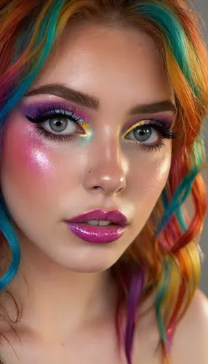 ziprealism, (avant-garde snapshot esthetic, face closeup, eyes focused), (f/2.8, shallow depth of field:1.2), (24yo college girl, soft mischievous smile:1.3), (bold glittering pride makeup, vibrant rainbow makeup, vivid multicolored hair, rainbow hair:1.8), (spunky girl, feisty attitude, rockstar attitude:1.2), (maximum quality, ultra-detailed, highly detailed, high quality, uncompressed, raw source photograph, raw image), (highly detailed eyes, high resolution eyes, high quality eyes, highly detailed hair), (detailed eyes, detailed iris, detailed pupils, limbal ring), (expressive eyes, striking eyes, captivating eyes, mesmerizing eyes, glittering eyes, Fae eyes), (full lips, long thick eyelashes), igbaddie, <lora:style_lora_realis:.4>, <lora:igbaddie-XL:.4>
