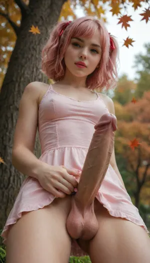 ultra realistic, masterpiece, high detailed skin, best quality, high res, very aesthetic, anime style, studio anime, source_ecchi, anime, (finely detailed face), ((petite body:1.6)), ln4tsuk1, pink eyes, pink hair, swept bangs, short hair, two side up, x hair ornament, hair ribbon, red ribbon, pink nails, fingernails, nail polish, ear piercing, smokyeyes, lash, pink mascara, glossy pink lips, bright red lipstick parted lips, petite shape, A digital illustration shoot about a character, breasts, 1 girl, 1 woman, shoot from a woman posing in a light pink dress with ruffled edges, surrounded by colorful autumn foliage. the image also shows a serene and natural setting. a woman with light skin and short, wavy pink hair appears to be leaning against a tree, she has fair skin, and a slender physique. her hair is styled in loose waves and falls down her back. she is wearing a pink, revealing, sleeveless micro dress with a frilly hem and ruffles on the hem, showcasing her bare shoulders and large-sized breasts. the background features a lush, green park with trees in the distance, and colorful autumn leaves scattered on the ground. her expression is seductive inviting but somehow also a bit of lovley smug, relaxed but provocative pose, dramatic scenery, intricate details, (blurry background, depth of field:1.1), the picture has an alluring and erotic vibe, ((dynamic dutch angle:1.6)), ((view from below:1.6)), futanari, mastrubation, erect penis, hard penis, sagging testicles, veiny cock, leaking precum, throbbing cock