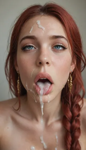 German woman, solo, a very very very long thick braid, red hair, full lips, thick lip, giant breasts, ahegao, (rolling eyes), tongue, excessive cum, front view, cum on hair, orgasmface