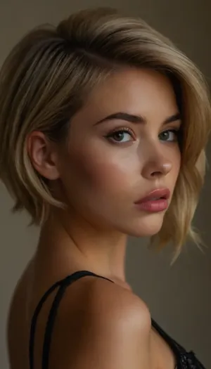 ziprealism, 24yo woman, (intimate candid esthetic), (confident girlfriend, jaw forward, sensual expression, sexy eye contact, Rockstar attitude:1.4), (f/2.8, shallow depth of field, layered composition with subtle foreground:1.2), (medium full shot, low angle view, shot in profile, view from side, focus on nipples, kneeling on bed, leaning forward:1.2), (subtle bokeh:.4), (short ash-blonde hair with dark roots, (chic swept-back hairstyle), , , voluminous hair cut in textured layers:1.6), (full lips, soft pillowed lips, moist lips, natural skin texture:1.4), (cozy bedroom), (large natural breasts, teardrop breasts, pale breasts, stretched areolas, soft breasts:1.4), (slender body, slim waist, wide hips), (large expressive eyes, bold eyeliner, long thick eyelashes, mascara, smokey eyeshadow), igbaddie, <lora:style_lora_realis:.8>, <lora:igbaddie-XL:.4>