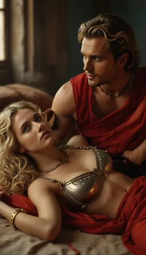 man and woman, man is roman centurion, red greek antic tunic, dominating, (beautiful blonde woman 25 year old, greek slave, unchained, lying, bra, wavy hair, very clear blue eyes, fascination, tenderness), collar chain, lying on side, unchained, playing lyre, raw, <lora:Realism_Lora_By_Stable_yogi_SDXL8.1:.8>, <lora:MJ52:.8>, <lora:580159_training_data:.8>