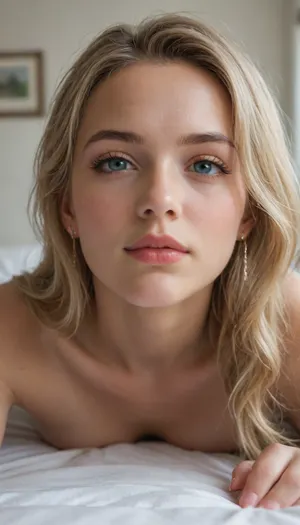 skinny 25 year old twins, lying prone looking at camera, close view from calves to head low camera view. blonde very beautiful face, very realistic detailed