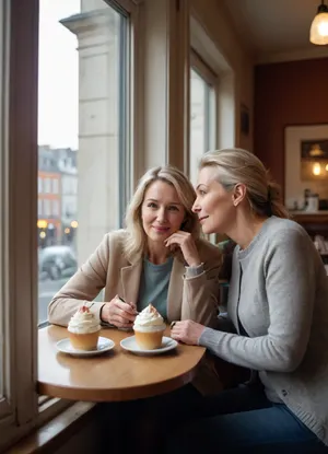 Two mature friends sit at a window in a café, drinking coffee and eating cream cake, chatting and enjoying the view.