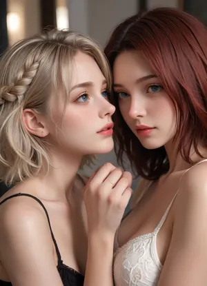 Sexy woman pulling black panties, two lesbian lovers foreplay