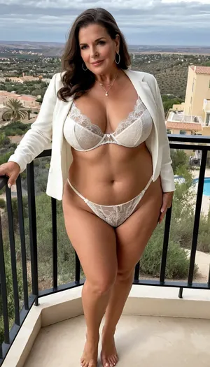 old granny mature, sexy 70 years, dark brunette, medium hair, tan skin, very glamour, big hoop earrings, necklace, wide hip, big culottes, very chubby curvy, thick legs, extreme small tiny boobs, very tiny little tits, at the balcony, selfie, full body view, looking at the camera, sexy naught orgasm face, mules sexy heels, charming, very hot and horny, very high waisted sexy white long sleeve lingerie, the most high waisted sexy underpants lingerie in the world, bridal costume, sexy granny bride costume, bride, wedding lingerie, super flat chested, extreme flat chested