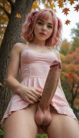 ultra realistic, masterpiece, high detailed skin, best quality, high res, very aesthetic, anime style, studio anime, source_ecchi, anime, (finely detailed face), ((petite body:1.6)), ln4tsuk1, pink eyes, pink hair, swept bangs, short hair, two side up, x hair ornament, hair ribbon, red ribbon, pink nails, fingernails, nail polish, ear piercing, smokyeyes, lash, pink mascara, glossy pink lips, bright red lipstick parted lips, petite shape, A digital illustration shoot about a character, breasts, 1 girl, 1 woman, shoot from a woman posing in a light pink dress with ruffled edges, surrounded by colorful autumn foliage. the image also shows a serene and natural setting. a woman with light skin and short, wavy pink hair appears to be leaning against a tree, she has fair skin, and a slender physique. her hair is styled in loose waves and falls down her back. she is wearing a pink, revealing, sleeveless micro dress with a frilly hem and ruffles on the hem, showcasing her bare shoulders and large-sized breasts. the background features a lush, green park with trees in the distance, and colorful autumn leaves scattered on the ground. her expression is seductive inviting but somehow also a bit of lovley smug, relaxed but provocative pose, dramatic scenery, intricate details, (blurry background, depth of field:1.1), the picture has an alluring and erotic vibe, ((dynamic dutch angle:1.6)), ((view from below:1.6)), futanari, mastrubation, erect penis, hard penis, sagging testicles, veiny cock, leaking precum, throbbing cock
