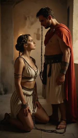 a man and woman, woman wearing Greek tunic, shows a breast, pronounced by a Roman centurion, looking at him with envy and admiration, he is standing, dominating her, she is chained and tied up, on woman kneeling, raw, <lora:Realism_Lora_By_Stable_yogi_SDXL8.1:.8>, <lora:MJ52:.8>, <lora:580159_training_data:.8>