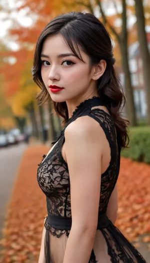 ultra realistic, masterpiece, high detailed skin, best quality, high res, very aesthetic, anime style, studio anime, source_ecchi, anime, (finely detailed face), ((petite body:1.6)), fong ling, black hair, medium breasts, single hair bun, brown eyes, short hair, parted bangs, hair behind ear, large breasts, red nails, fingernails, nail polish, ear piercing, smokyeyes, lash, black mascara, bright red lipstick parted lips, petite shape, A illustration shoot about a character, 1 girl, 1 woman, shoot from a woman posing in a black lace dress with ruffled edges, surrounded by colorful autumn foliage. the image also shows a serene and natural setting. a woman with light skin and short, black hair appears to be leaning against a tree, she has fair skin, and a slender physique. her hair is styled in loose waves and falls down her back. she is wearing a black lace, revealing, sleeveless micro dress with a frilly hem and ruffles on the hem, showcasing her bare shoulders and large-sized breasts. the background features a lush, green park with trees in the distance, and colorful autumn leaves scattered on the ground, sunset brings a colorful red background, her expression is seductive inviting but somehow also a bit of lovley cute smile, relaxed but provocative pose, dramatic scenery, intricate details, (blurry background, depth of field:1.1), the picture has an alluring and erotic vibe, ((dynamic dutch angle:1.6)), ((view from below:1.6))