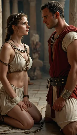 a man and woman, woman wearing Greek tunic, show nipple, prostrating before a Roman centurion, looking at him with tenderness and admiration, dominating her, she is chained, woman kneeling, raw, <lora:Realism_Lora_By_Stable_yogi_SDXL8.1:.8>, <lora:MJ52:.8>, <lora:580159_training_data:.8>, detailed, eyes, perfect, freckles, skin, texture, photorealistic, <lora:Super_Eye_Detailer_By_Stable_Yogi_SDPD0:.8>