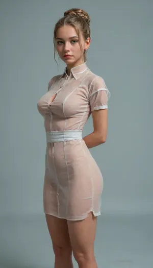 masterpiece, best quality, ultra-detailed, high resolution, 8K, sharp focus, intricate details, highly detailed, 2d, (flat color:2), (no lineart:2), simple background, gradient background, 1girl, solo, long natural blonde hair, dreadlocks, bun, braid, detailed face, detailed eyes, green eyes, no pupils, seductive, big breasts, curvy, athletic, thick thighs, wide hips, narrow waist, big ass, bottom heavy, detailed skin, smooth skin, pale skin, teasing, realistic shadows, natural depth of field, ultrarealistic, high quality reflections, uhd, 8k, chromatic aberratio, nurse uniform, absolutely transparent clothes