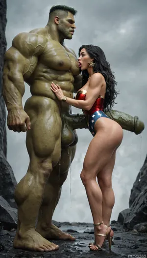 Wonder woman, giant massive equine cock, aerial ejaculation, dripping, alien attack war zone, licking sucking giant green Incredible Hulk cock, full body View