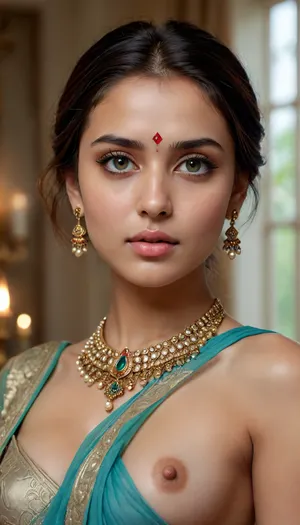 A woman is depicted in a, brightly lit image, wearing a traditional vivid colour designer sari and a noticeable amount of jewelry, has a small round boobs and puffy nipples, she is supermodel posing for the famous photographer giving various sensual and Sexy pose with random different camera angles, she has mesmerising blue grey eyes, extremely detailed facial features and ahegao expression, The image is sharp, hyperreal photorealism, focusing on the woman's upper body. The woman's expression is neutral, and she appears to be posed for a photoshoot or similar purpose. The background features a very little lit backdrop, with details like burning candlesticks and foliage visible, but they are not in sharp focus. The emphasis is clearly on the woman, with her attire and accessories being highlighted. The lighting is focused on the subject's face and upper body, creating shadows and highlighting the fabrics.


The woman is of fit and mascular build, with a light complexion, and is dressed in a rich vivid colour sari with a noticeable low-cut blouse, and elaborate pearl jewelry and a bindi on her forehead. Her hair is styled in a neat bun. The focus of the image is on the woman's attractive physical appearance and her attire.


The image is clearly a hd photograph, likely taken by a professional photographer. The style is suggestive and intended to elicit a response related to attractiveness, as opposed to a more neutral portrait. The lighting and composition are intended to make the woman's appearance more sensual, Sexy noticeable and sexually appealing.


The setting appears to be an indoor location, perhaps a studio or a similar environment, as indicated by the presence of candlesticks and soft, diffused lighting in the background. The lighting is warm and emphasizes the woman's features. The overall mood is suggestive, with a strong air of sensuality., breasts, cutout, clothing, nipples, <lora:2BoutOvalSDXL2-000002:.8>, green, eyes, blue, brown, perfecteyes, <lora:PerfectEyesXL:.8>, <lora:detailed_notrigger:.8>, <lora:CinematicStyle_v1:.8>