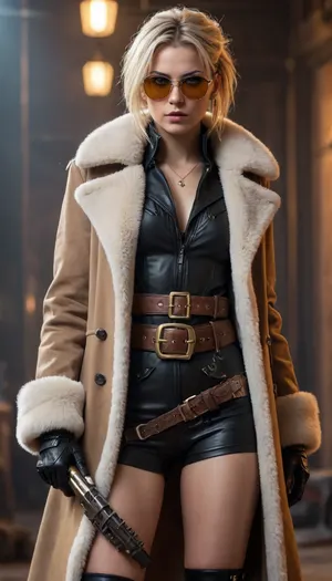Professional photo, bold, statuesque woman in cyberpunk western style, long coat with fur, leather shorts, belts and accessories, massive shoes with buckles. There are large details on the waist, and a golden-colored revolver in his hands. Blonde spiky hair, pixie hairstyle, dark glasses. Cyber-glamour style, highly detailed, dynamic lighting, hyper-detailed, ultra realistic, 8k, sharp focus, cinematic lighting, dynamic shadows, professional concept art, trending