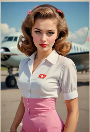 Russian 23yo Slavic beauty, flight attendant 1950s style, on the airfield, posing for fashion magazines, pink miniskirt with split, white sheer blouse, (single drawn girl:1.3), (illustration:1.3), (hand drawn:1.3), (drawn comics book cover:1.3), USSR poster, USSR postcard, 1950s, USSR epoch, pin-up poster style, postcard style, soviet poster art, Soviet advertising art, (lithography, high detailed paper texture), (realistic hair, realistic face, realistic anatomy, realistic pose), full-length image, period-accurate image, maximum contrasted image, maximum saturated image