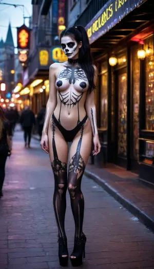18 yeyold girl, long black hair, ponytail, medium breast, long legs, small skinny ass, hard nipples, full body, full body paint, tall, skinny body, white painted face skull face, day of the dead, painted face, Mardi gras, bourbon street, wearing a costume, with, pokies, <lora:655295_training_data:.8>, pale, skin, <lora:Pale_Skin_SDXL_v1.0:.8>, reij-mg, neon, lights, dark, ambient, light, <lora:reij-moderngothic-000006:.8>