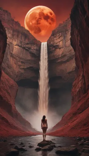 5000000010.29, Surreal Waterfall from the moon. landscape with a giant glowing red full moon melting into a red waterfall flowing down a majestic mountain cliff, twilight atmosphere, mystical and ethereal mood, hyper-realistic details, vibrant warm colors contrasting with dark rocky textures, cinematic lighting, dreamlike fantasy environment, (((((nude)))))
