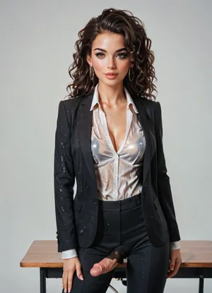sexy, adult futa, brunette, cock between her legs, wearing a blouse and a business jacket, wearing business trousers
