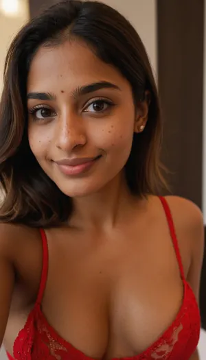22 years old indian woman, taking a selfie, wearing red brassiere, show nude tits, dark brown skin, slim nose, brown hair, small sagging breasts, robust body, embarrassed smile, round face, no underwear, minimalist white luxury hotel, freckles, brown eyes, molar on cheek, 3/4 body view, rhinoplasty, hyper realistic photo, full hd, 8K