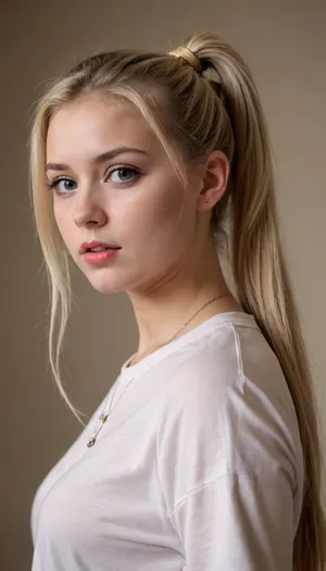 beautiful blonde 18 years old with ponytails woman, lewddungeon, background walls, <lora:tiedbreastsblue_XL_reg0_:.5>