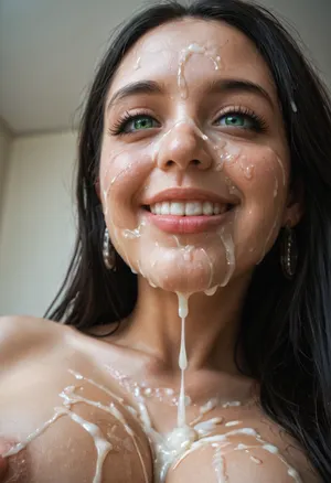 28 year old woman, (viewed from the side and below looking up at face pov), (older woman:1.4), close face and body shot of her excessive bukkake, eyes half open, (realistic skin with pores), happy orgasm open smiling face, hd Pastel green eyes with detailed cornea and hd iris, (long straight thin hair), (head tilted to side), (shy and looking directly viewer), cumshots, facial portrait picture of her from 6ft distance away, face in cum facial, with natural minimal makeup, (a lot of thick runny Cum on her face, cum on her eyelashes, Cum dripping off puffy erect nipples, Cum on her eyelid, Cum on her cheek skin, her face wet with cum and dripping with thick runny Cum, Cum on her lips. cum on her hair, cum dripping from face between her breasts), (wide_set very long saggy very pointy small pokie breasts), (large puffy thick conical cold pokie areola), (huge thick puffy erect long pointy cold nipples), woman, cum, on, face, ((black haired styles, age 28)), facialized, superfacialized, <lora:JustCum:1.3>, <lora:facialized:1.3>