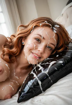 close-up on head and breasts of cute slutty woman aged 29, (thick long wavy hair), ((woman is on her side and her head is resting on black transparent latex pillows)), looking at viewer, on a dark bed after having been fucked intensely, perky pointy saggy medium flat breasts, puffy conical long areola, puffy thick conical erect nipples, head facing viewer, tired happy face, (realistic excessive thick runny cum all over her face and body), cum on hair, cum on forehead, nose full of cum, mouth full of cum, thick cum running onto bed, lots of very thick cum, loads of cum, warm light, beautiful morning, woman, on, face, excessive bukkake, cum, facialized, superfacialized, (ginger tinkerbell, age 29), <lora:JustCum:1.9>, <lora:MS_Real_XL_Bukkake:1.9>, <lora:facialized:1.9>