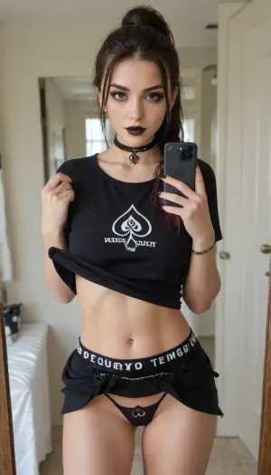1 girl, 21 years, iphone, mirror, selfie, holding, alt fashion, iPhone, alternative fashion, piercing, choker, long eyelashes, cosmetics, mascara, black lipstick, short skirt, skirt lift, lift with one hand lifts the skirt, skirtlift, black thong showing, ((queen of spades branded thong)), multicolored hair, Dollskill, shikimorisan, pink, hair, long, blue, eyes, between, bangs, ponytail, braid, <lora:skirtlift_xl:.5>, <lora:Dollskill_Downbeat_Spiked:1>, <lora:shikimorisanXLv1:1>